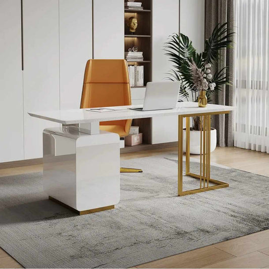 Solid Surface Office Desk Modern White Executive Desk with Drawers & Side Cabinet in Gold Base