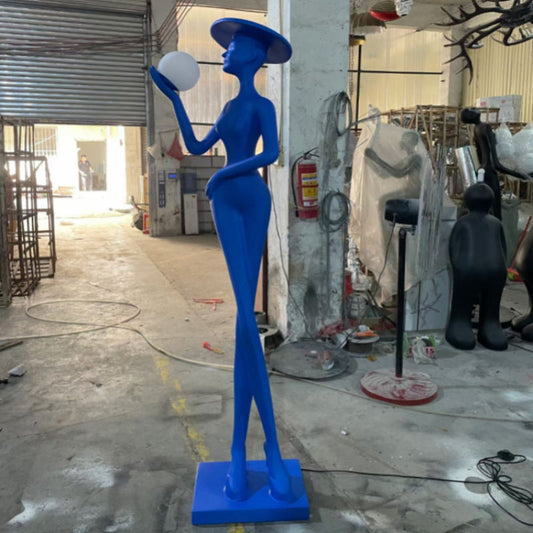 Shoulder Girl Sculpture Floor Lamp Blue Skirt Standing Statue Light with Luminous Ball Lantern for Home School Library Decorative Ornament