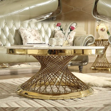 Metal Round Coffee Table Gold Stainless Steel Furniture Indoor Sitting Room Glass and Marble Top Table