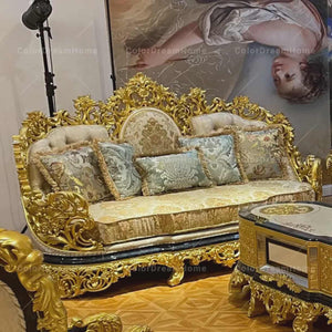 European Luxury Solid Wood Carved Sofa – Golden Royal Classic Fabric Sofa for Villa & Living Room Furniture