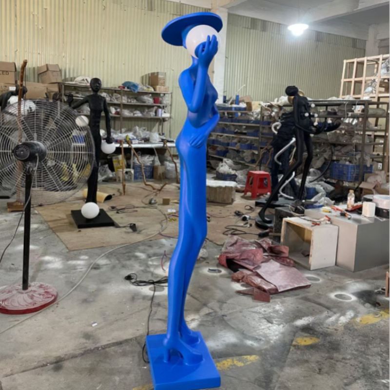 Shoulder Girl Sculpture Floor Lamp Blue Skirt Standing Statue Light with Luminous Ball Lantern for Home School Library Decorative Ornament