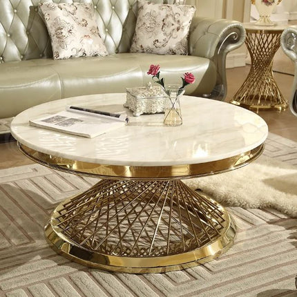 Metal Round Coffee Table Gold Stainless Steel Furniture Indoor Sitting Room Glass and Marble Top Table