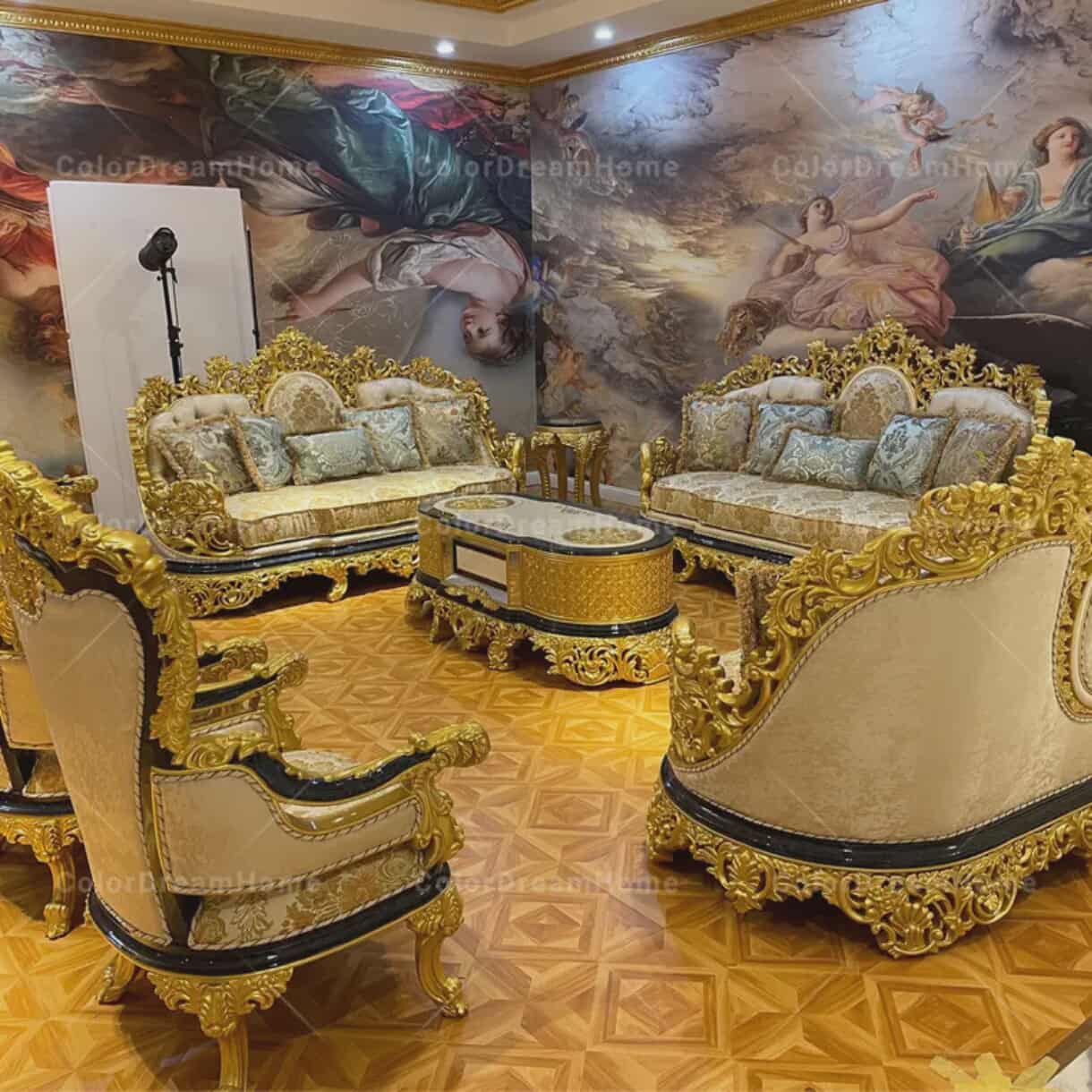 European Luxury Solid Wood Carved Sofa – Golden Royal Classic Fabric Sofa for Villa & Living Room Furniture