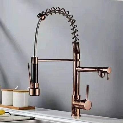 Luxury Brass 360 Degree Rotation Kitchen Faucet High-End Rose Gold Dual Mode Sprayer Modern Pull Out & Pull Hot Cold Water Tap