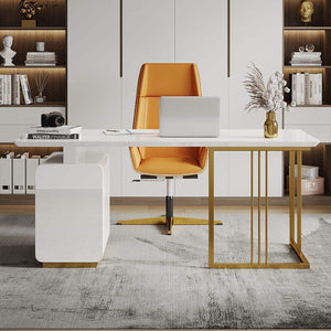 Solid Surface Office Desk Modern White Executive Desk with Drawers & Side Cabinet in Gold Base