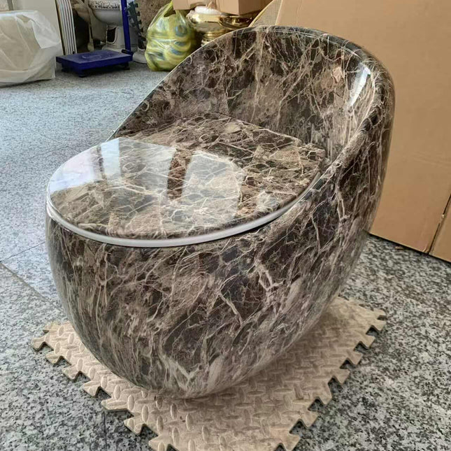 Luxury Dark Brown Marble Egg-Shaped Toilet – Porcelain One-Piece Siphonic WC for Modern Bathrooms
