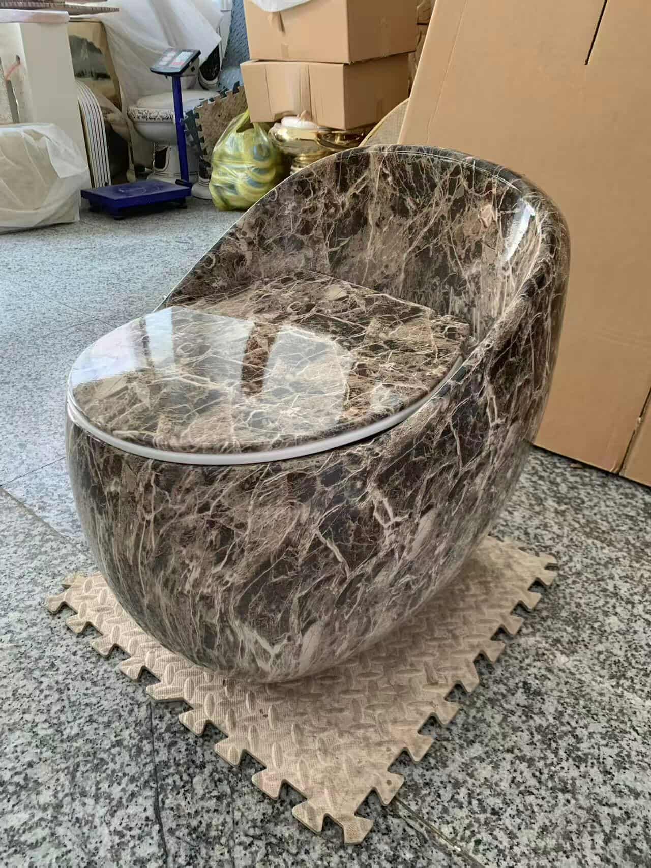 Luxury Dark Brown Marble Egg-Shaped Toilet – Porcelain One-Piece Siphonic WC for Modern Bathrooms