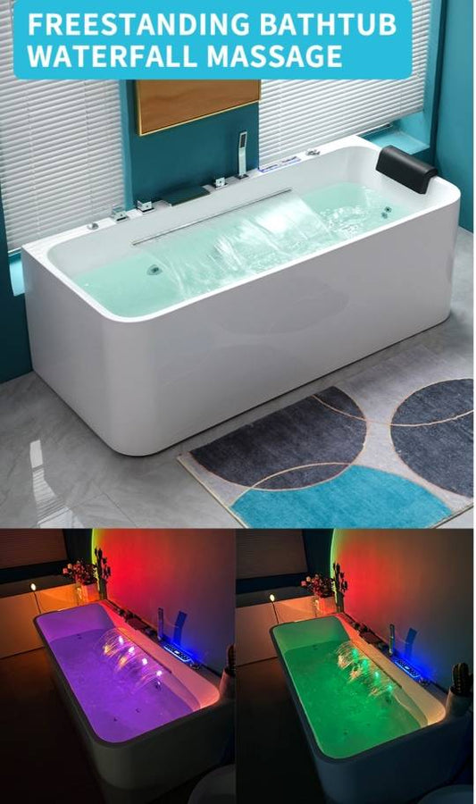 Freestanding Bathtub Jacuzzi Single with Led Lights and Bubble -Massage Tub Waterfall 100% Pure Acrylic
