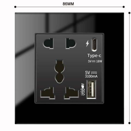 Tempered Glass 1Gang Socket Black with Type C and USB Universal Wall Socket