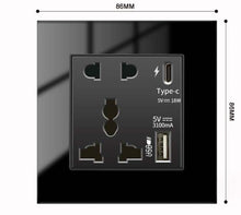 Cargar imagen en el visor de la galería, Tempered Glass 1Gang Socket Black with Type C and USB Universal Wall Socket
