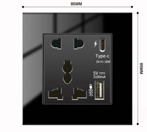 Tempered Glass 1Gang Socket Black with Type C and USB Universal Wall Socket