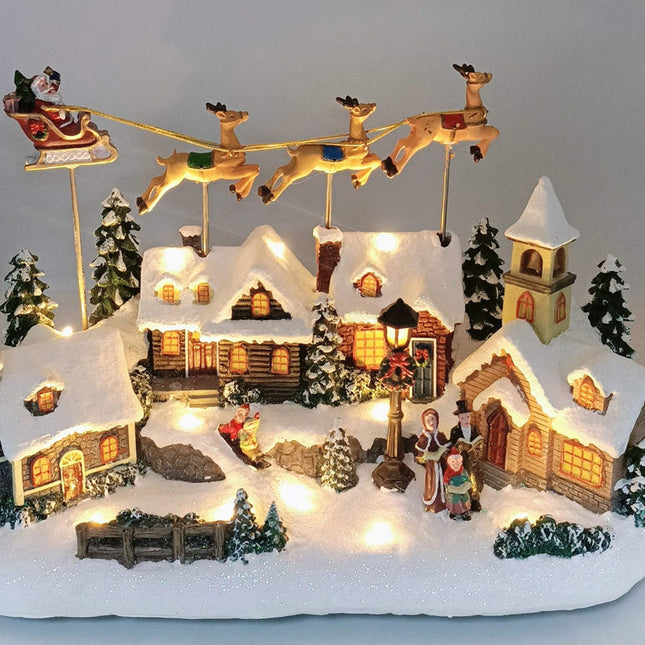 Christmas Village Santa and Reindeer Sounds and Lights With Charger Polyresin