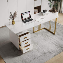 Cargar imagen en el visor de la galería, Solid Surface Office Desk Modern White Executive Desk with Drawers &amp; Side Cabinet in Gold Base
