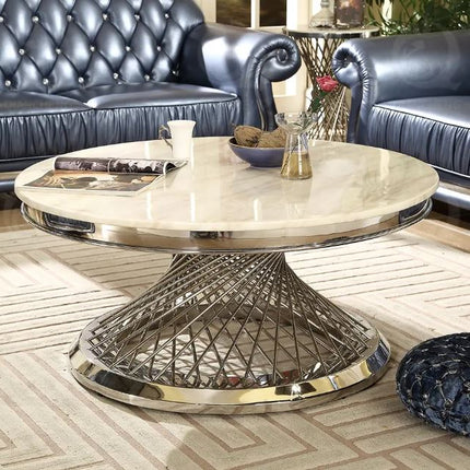 Metal Round Coffee Table Gold Stainless Steel Furniture Indoor Sitting Room Glass and Marble Top Table