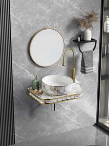 Hand Painted Modern Design Matte Ceramic and Burnished Gold Bath Ensemble-Pandora-Themed Art Basin and Mythical Ceramic Panel