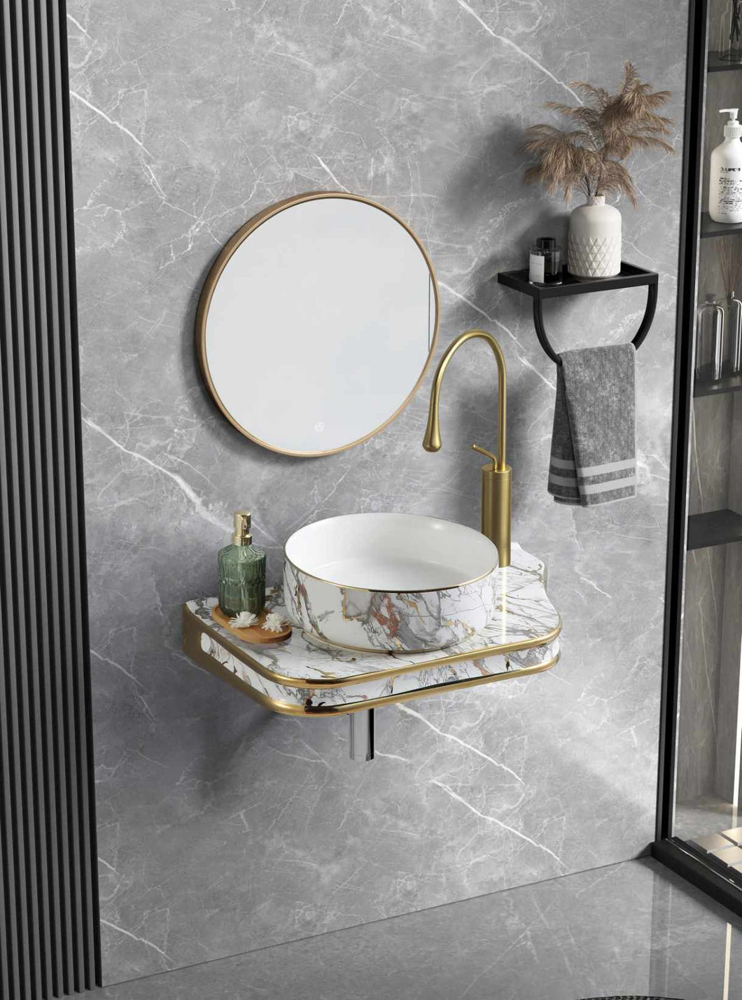 Hand Painted Modern Design Matte Ceramic and Burnished Gold Bath Ensemble-Pandora-Themed Art Basin and Mythical Ceramic Panel
