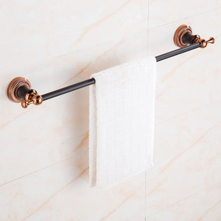 Badezimmer-Accessoires-Set in Roségold und Schwarz: Handtuchhalter, Taschentuchspender, Putzmittelhalter, Zahnbürstenhalter