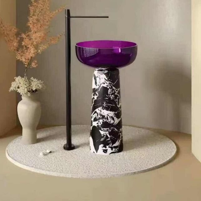 Violettes, transparentes Kunstharz-Waschbecken mit Marmorfüßen – Luxuriöses, modernes Badezimmerwaschbecken