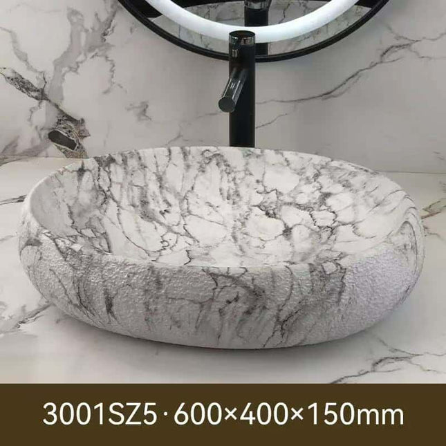 White Marble Stone-Style Basin – Freestanding Modern Bathroom Sink