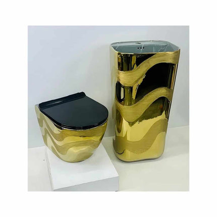 Modernes, einteiliges, wandhängendes Porzellan-WC – Mattschwarz, Weiß mit Gold, geprägtes Design, Siphon – Ideal für Villenbäder