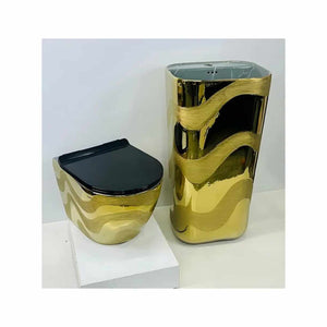 Modern One-Piece Porcelain Wall-Mounted Toilet – Matte Black, White with Gold, Embossed Design, P-Trap – Ideal for Villa Bathrooms