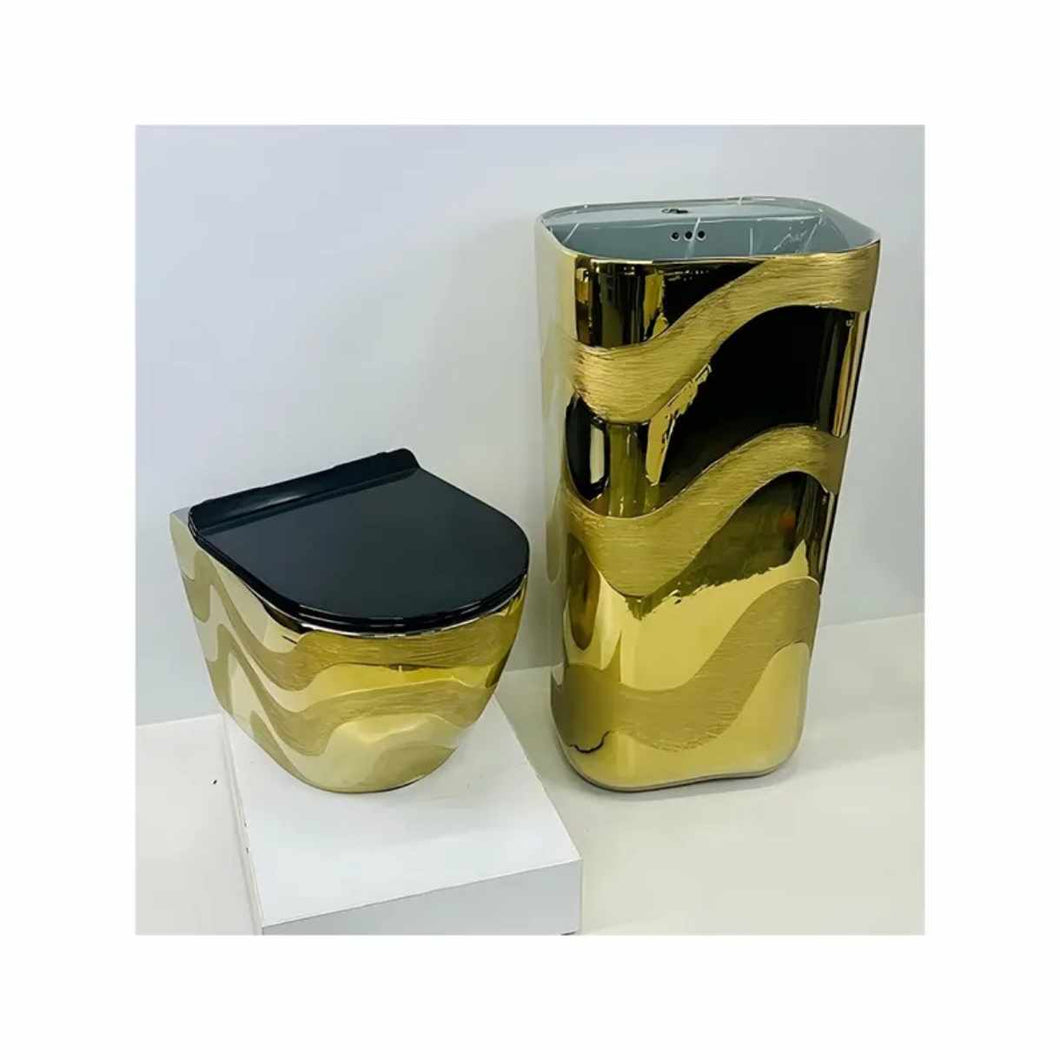 Modern One-Piece Porcelain Wall-Mounted Toilet – Matte Black, White with Gold, Embossed Design, P-Trap – Ideal for Villa Bathrooms