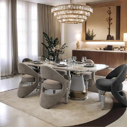Furnistyle Luxus-Essgruppe aus Marmor für 6 Personen mit modernem Samtstuhl und goldenem Metallgestell