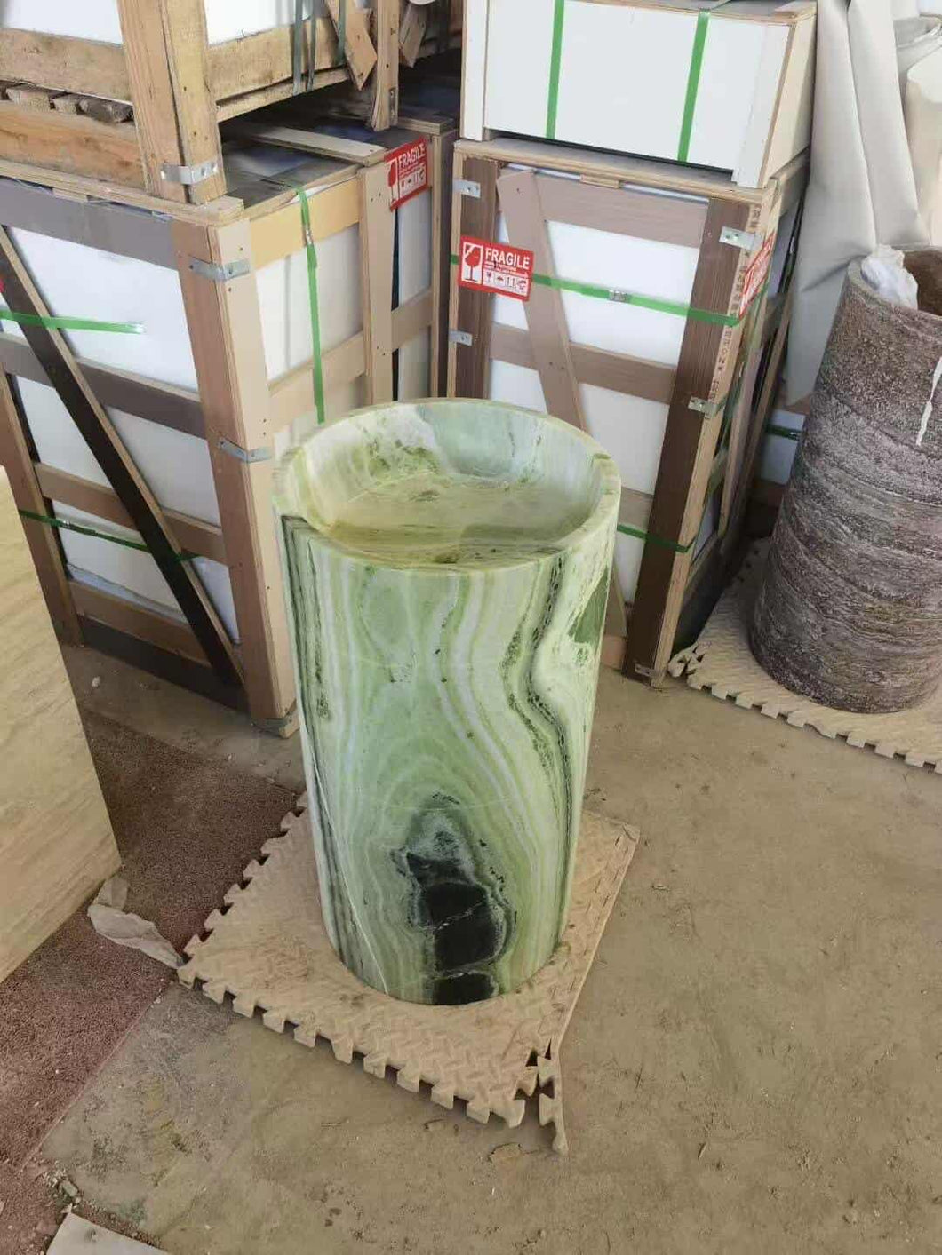 Solid Green Emerald Marble Freestanding Wash Basin – Luxury Stone Cylinder Pedestal Sink for Modern Bathroom Interiors