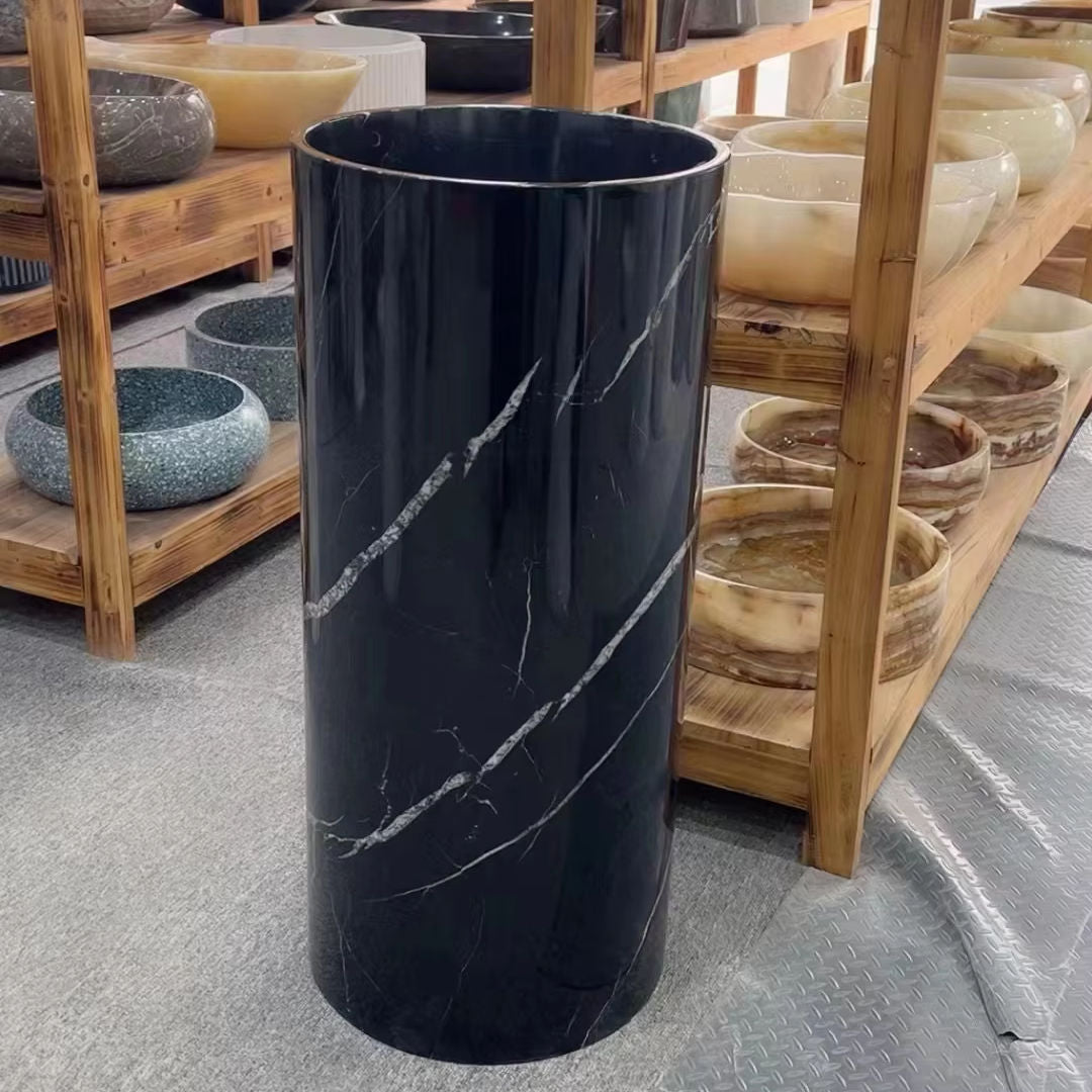 Polished Black Marble Pedestal Wash Basin – Affordable Luxury Stone Sink for Modern Bathrooms