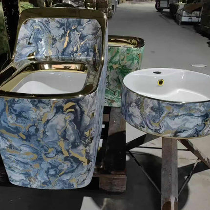 Luxury Blue Gold Marble Porcelain Toilet and Wash Basin Set – Modern One-Piece Design