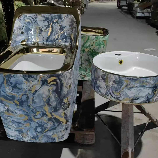 Luxury Blue Gold Marble Porcelain Toilet and Wash Basin Set – Modern One-Piece Design