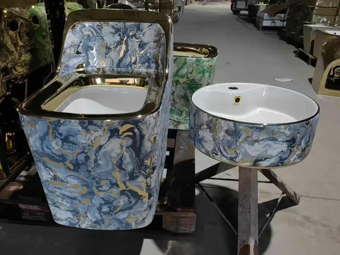 Luxury Blue Gold Marble Porcelain Toilet and Wash Basin Set – Modern One-Piece Design