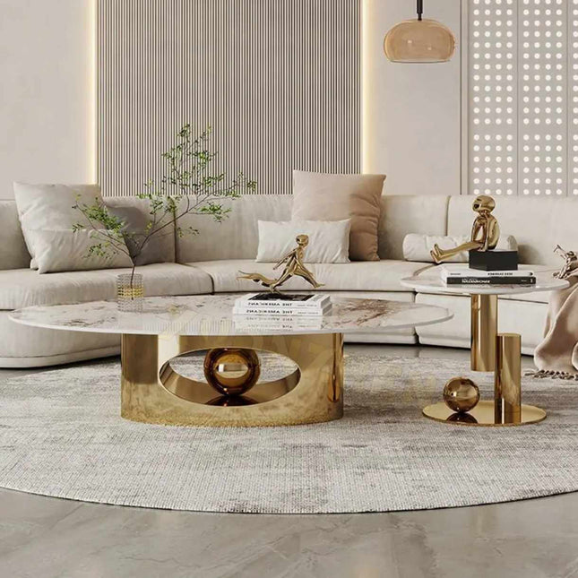 Luxury Sintered Stone Top Ellipse Coffee Table Side Table Combination Modern Silver Gold Stainless Steel Center Table Set