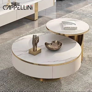 Coffee Table Marble and Stainless steel with Drawer Center Table Italian Design White and Gold