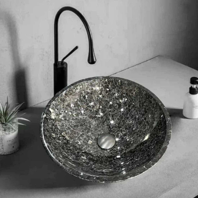 Black Marble Bathroom Sink with White Dots – Round Countertop Stone Wash Basin, Luxury Vessel Sink for Modern Bathrooms