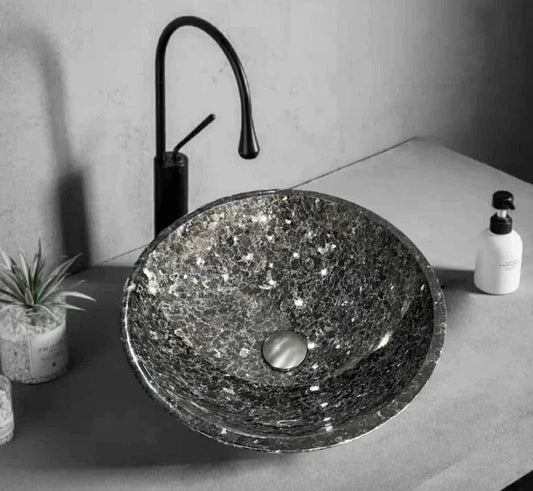 Black Marble Bathroom Sink with White Dots – Round Countertop Stone Wash Basin, Luxury Vessel Sink for Modern Bathrooms