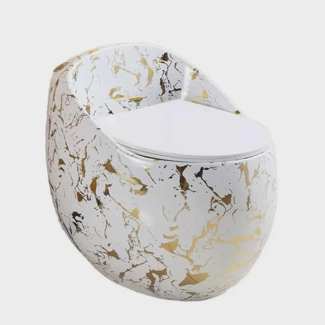 Luxury Round Egg Shape Floor Mount Toilet – Modern White & Gold One-Piece Siphonic WC for Elegant Bathrooms