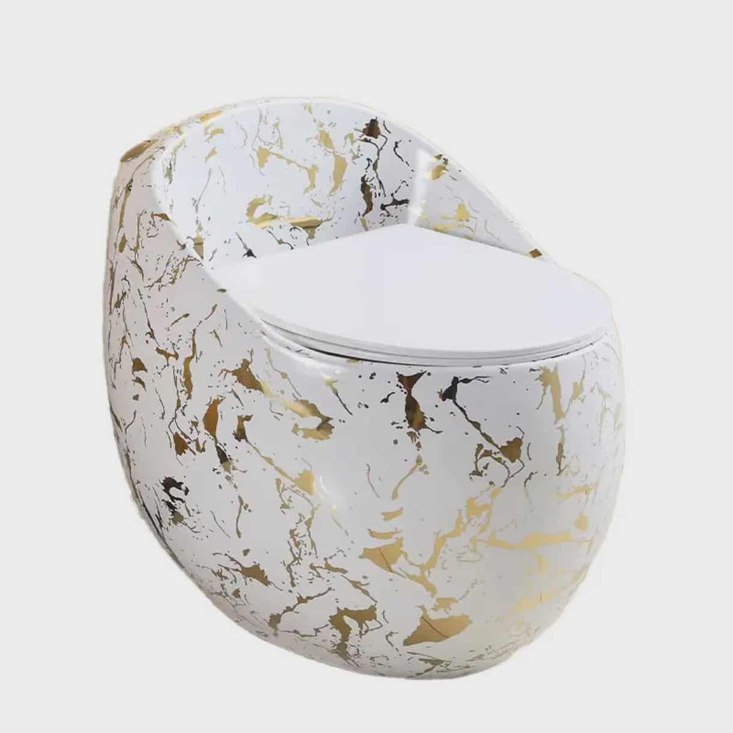 Luxury Round Egg Shape Floor Mount Toilet – Modern White & Gold One-Piece Siphonic WC for Elegant Bathrooms