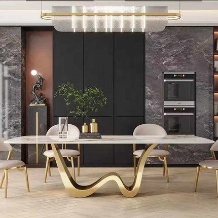 Modern Home Dining Table with Gold Stainless Steel Electroplated Base Slate Marble Top Rectangular Design for Luxury Home Hotel or Apartment Use
