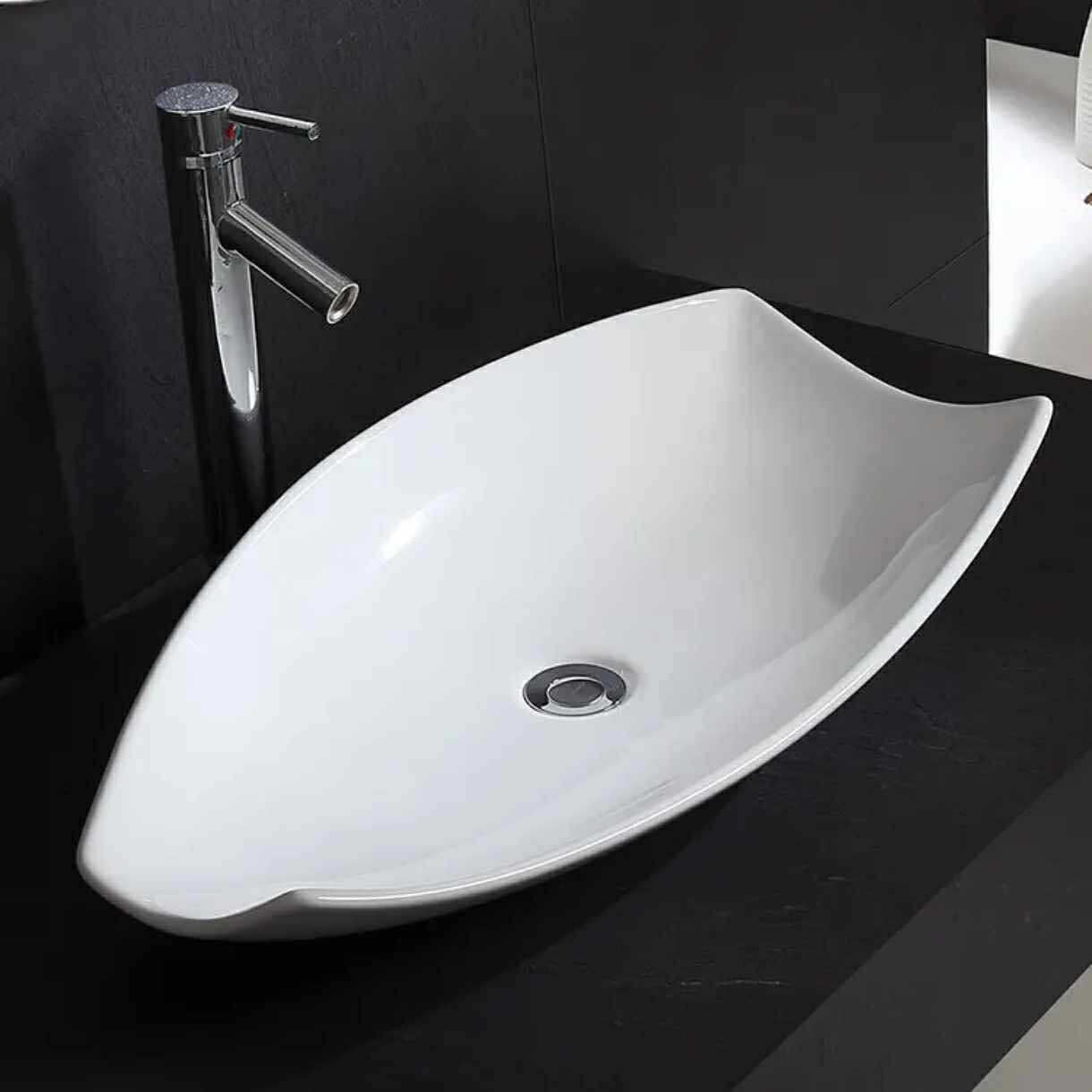 Unique Design White Porcelain Above Counter Hand Washing Basin Modern Bathroom Art Vessel Sink Irregular Shape Top Mount Vanity Wash Basin