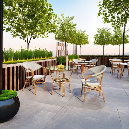 Modern Gold Dining Bistro Set for Outdoor Bamboo Patio Chair With Metal Horeca Balcony for Restaurants Coffee Shops and Halls