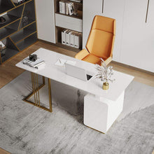 Cargar imagen en el visor de la galería, Solid Surface Office Desk Modern White Executive Desk with Drawers &amp; Side Cabinet in Gold Base
