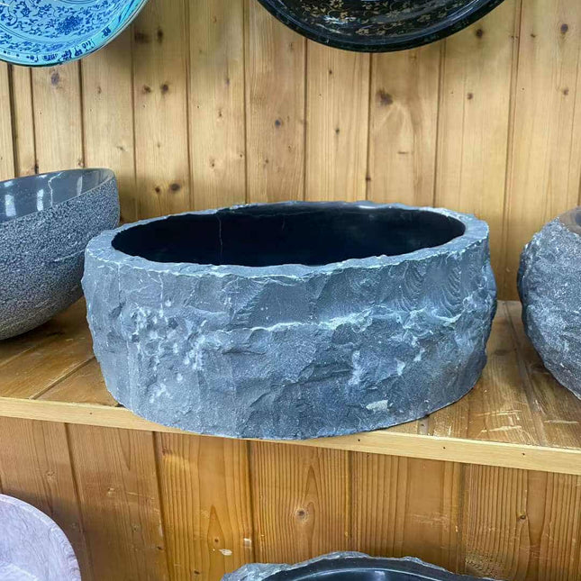 Black Marble Vessel Sink – Polished Interior with Natural Exterior Stone Basin for Bathrooms