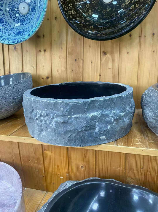 Black Marble Vessel Sink – Polished Interior with Natural Exterior Stone Basin for Bathrooms