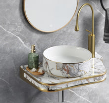 Lade das Bild in den Galerie-Viewer, Hand Painted Modern Design Matte Ceramic and Burnished Gold Bath Ensemble-Pandora-Themed Art Basin and Mythical Ceramic Panel
