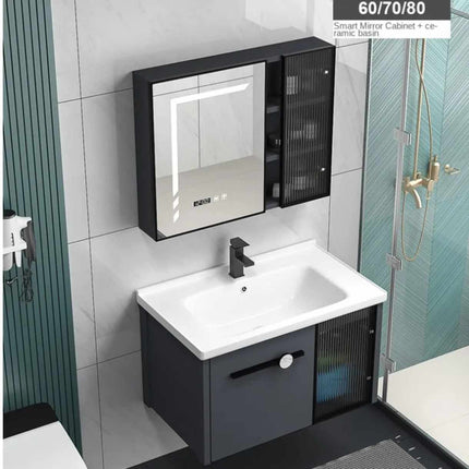 Modern Design Bathroom Cabinet with Mirror and Smart Touch Screen | White Vanity Cabinet with Ceramic Basin | Luxury Wall-Mounted Bathroom Furniture