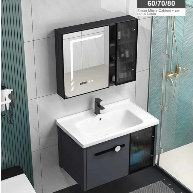 Modern Design Bathroom Cabinet with Mirror and Smart Touch Screen | White Vanity Cabinet with Ceramic Basin | Luxury Wall-Mounted Bathroom Furniture