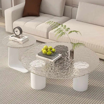 Modern Contemporary Set of 2 Glass and Metal Round Nested Coffee Tables Accent Living Room Glass Coffee Table