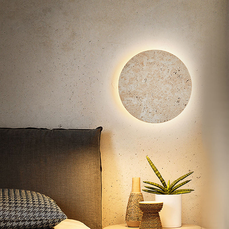Natural Yellow Stone LED Sconce – Nordic Wabi-Sabi Travertine Wall Lamp for Living Room, Bedside & Corridor Home Décor