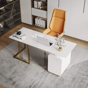 Solid Surface Office Desk Modern White Executive Desk with Drawers & Side Cabinet in Gold Base